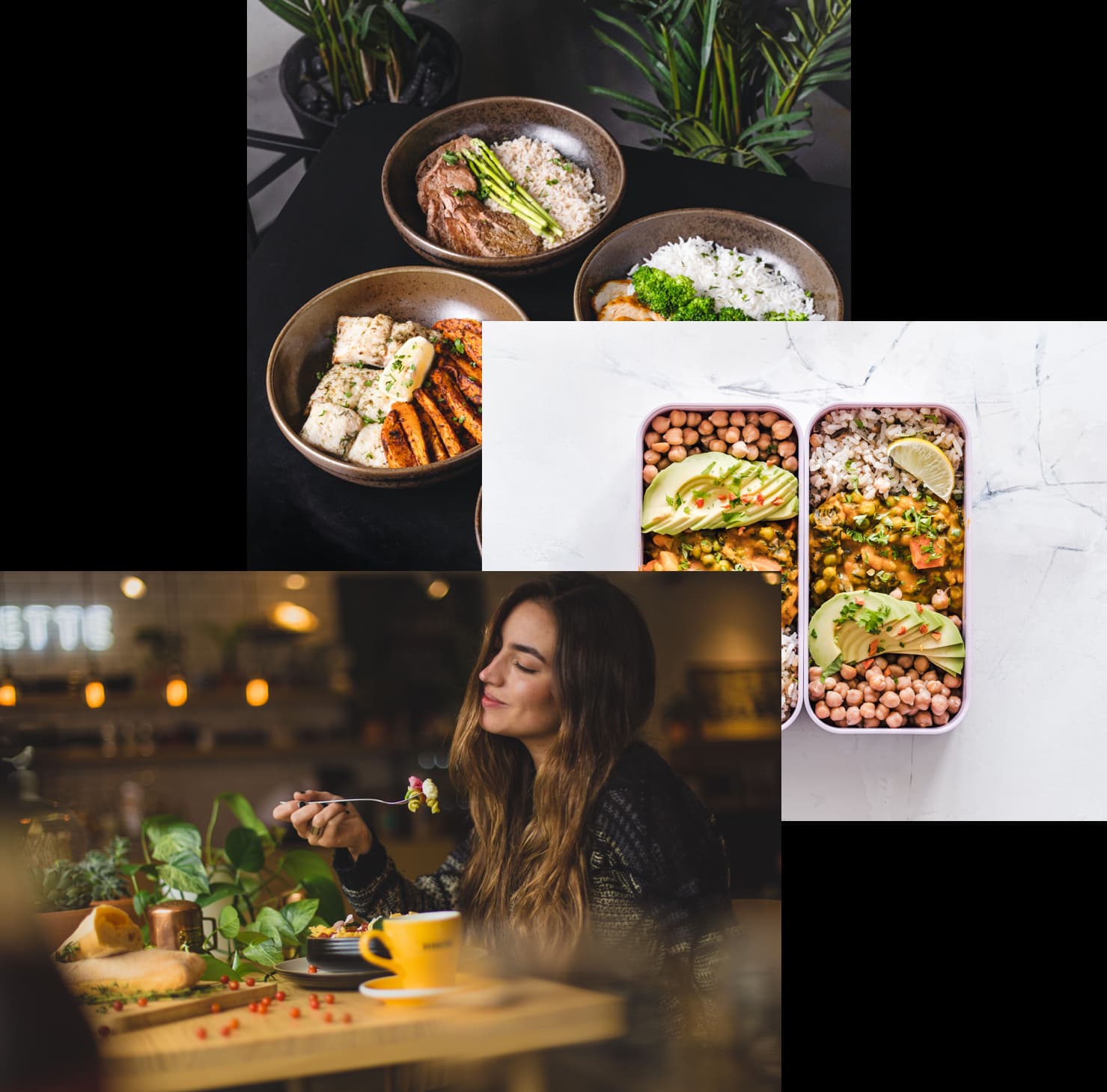 Woman enjoy food, meals storage coninor and food bowls in a table